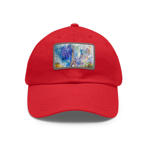 Eiffel Tower watercolor cotton baseball cap with light brown patch.