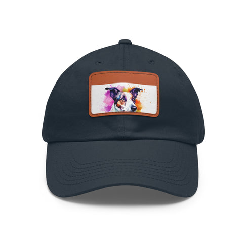 Adorable Jack Russel snapback cap with white rectangle patch.
