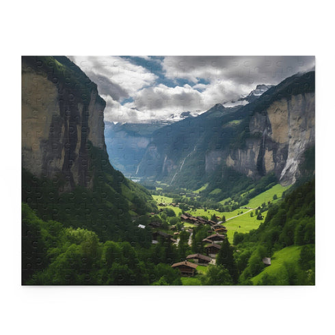 Lauterbrunnen Valley Cliff Jigsaw Puzzle with Stunning Swiss Landscape View.