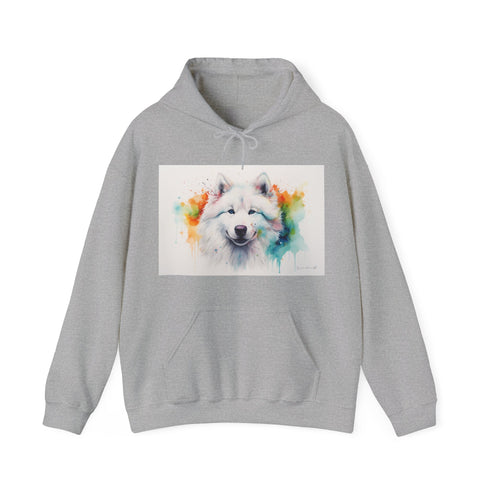 Smiling Samoyed watercolor hoodie in navy, size small, regular fit, unisex.