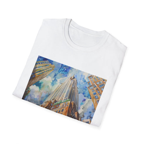Charcoal cotton t-shirt featuring watercolor Chrysler Building design and crew neck