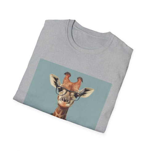 Charcoal hipster giraffe T-shirt with witty glasses design for men and women.