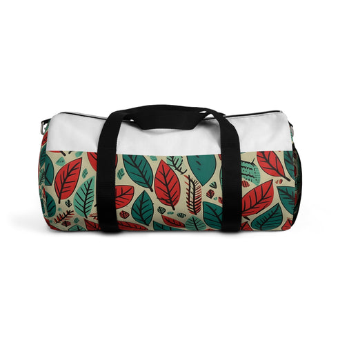 Modern green leaf duffel bag with vibrant pattern and texture design.