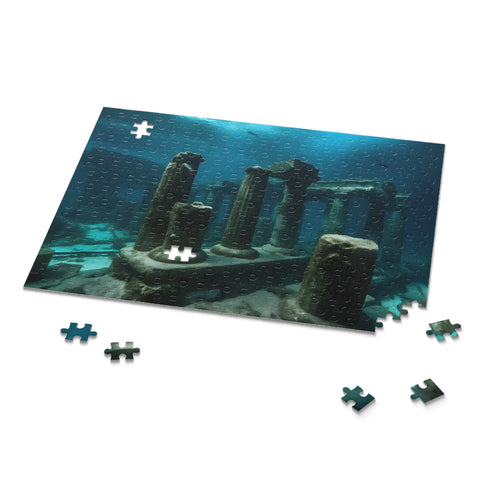Underwater city ruins puzzle with marine life and coral reefs.