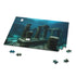 Underwater city ruins puzzle with marine life and coral reefs.