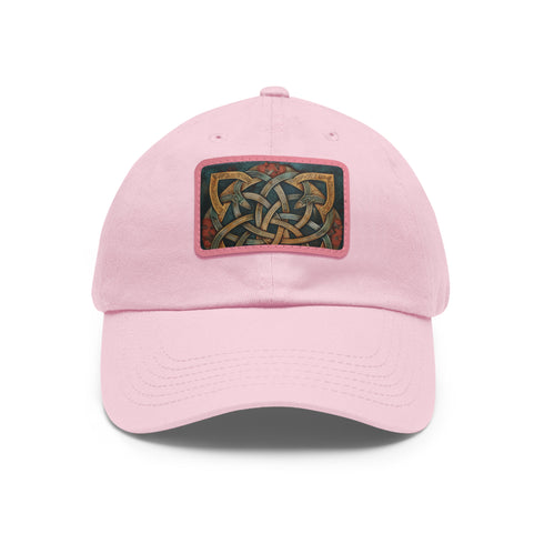 Elegant Celtic knot design white baseball cap with brown patch.