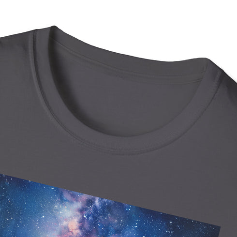 Charcoal crew neck cotton t-shirt with cosmic Milky Way graphic