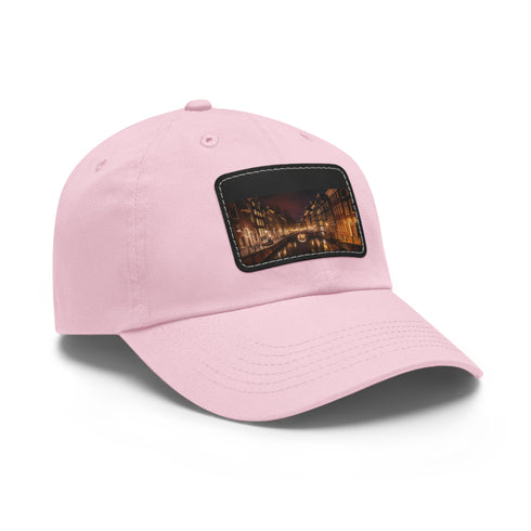 White cotton baseball hat featuring Amsterdam Canals design, unisex, vegan-friendly.