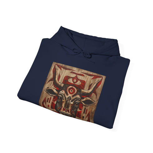 Navy tribal totem hoodie with intricate animal silhouette and tribal patterns.