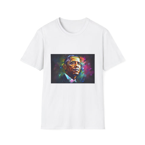 Charcoal crew neck cotton T-shirt featuring vibrant watercolor neon Obama silhouette