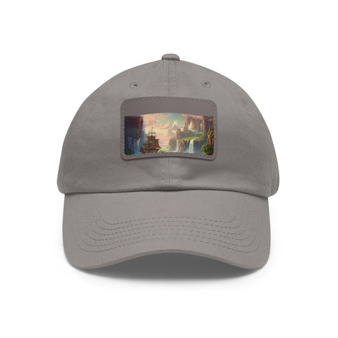 Whimsical white baseball cap with light brown rectangle patch design.
