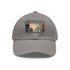 Whimsical white baseball cap with light brown rectangle patch design.
