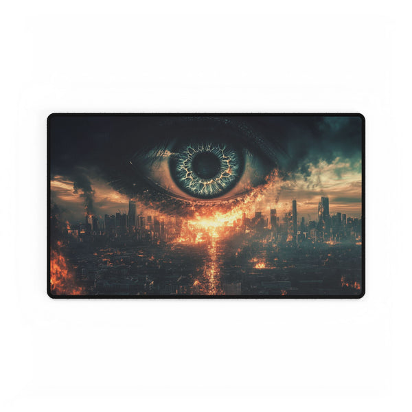 Giant Eye Above a Burning City ā XL & XXL Desk Mat ā Gaming & Workspace Desk Setup View