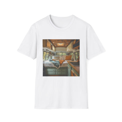 Gray retro camper van T-shirt featuring cozy vintage interior graphics