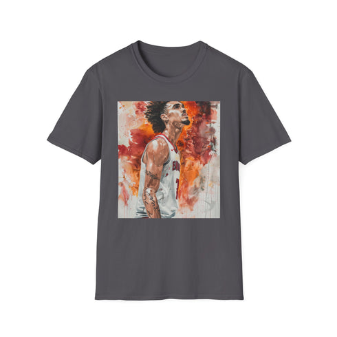 Watercolor graphic charcoal t-shirt capturing Trae Young's playmaking skills