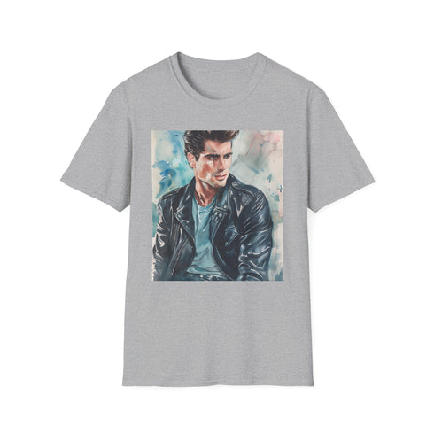 Charcoal crew neck t-shirt with Travolta-inspired watercolor portrait for summer fashion