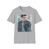 Charcoal crew neck t-shirt with Travolta-inspired watercolor portrait for summer fashion