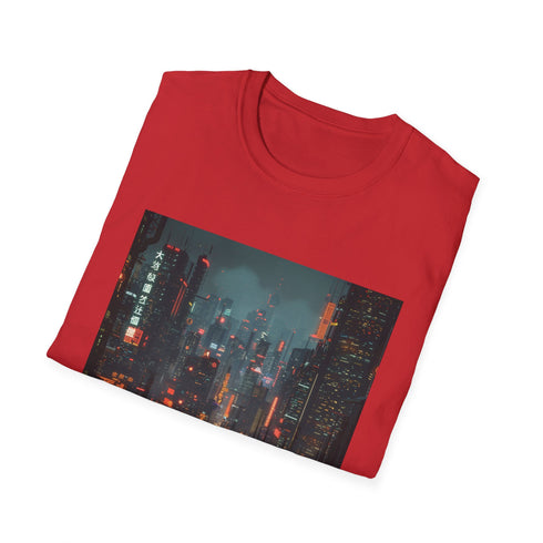 Cyberpunk cityscape charcoal t-shirt with neon-drenched skyscrapers design