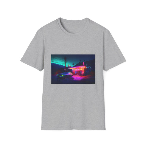Charcoal cotton crew neck T-shirt with neon watercolor portrait