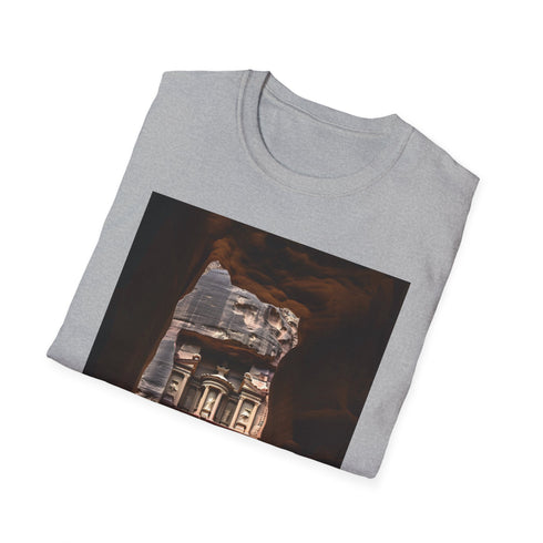 Charcoal cotton crew neck T-shirt with Petra-inspired desert-themed graphic design