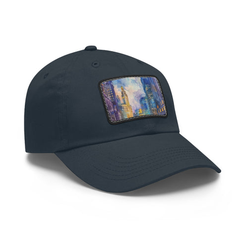 Chicago skyline watercolor cotton hat with light brown rectangle patch.
