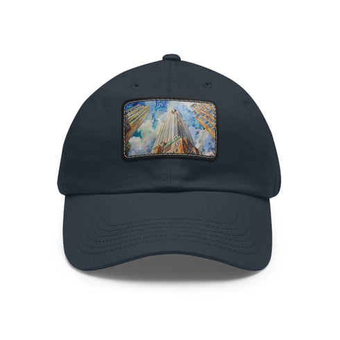 Chrysler Building watercolor cap in white with light brown patch.