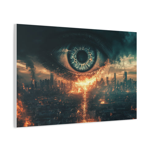 Giant Eye above a Burning City Stretched Canvas Wall Art