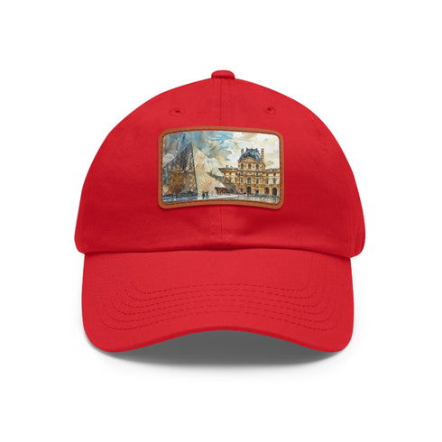 Louvre Paris Watercolor Baseball Cap in White with Light Brown Patch