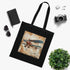 Vintage airplane cotton tote bag with travel stamps design in black.