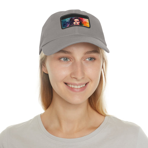 Neon watercolor baseball cap with light brown patch, unisex vegan.