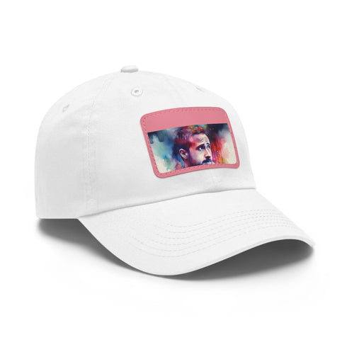 White baseball cap with watercolor neon colors, rectangular light brown patch.