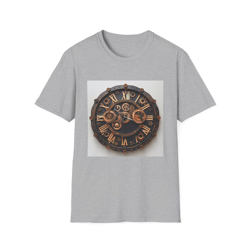 Steampunk charcoal T-shirt with intricate clockwork design and crew neck style