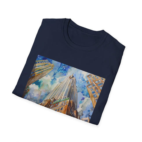 Charcoal crew neck t-shirt with watercolor Chrysler Building print