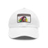 White cotton neon cap with light brown patch, artsy rectangle design.