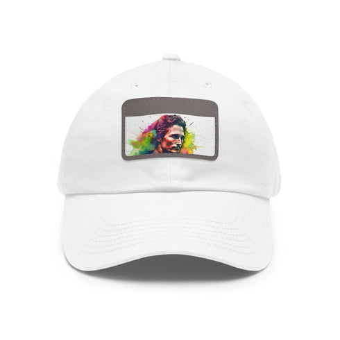 McConaughey Neon Dreams Cap: White cotton hat with light brown rectangle patch.