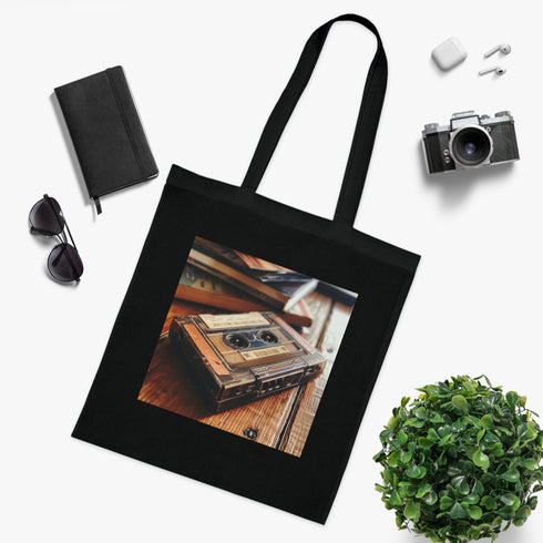 Retro black cotton tote bag with vintage cassette tape design.