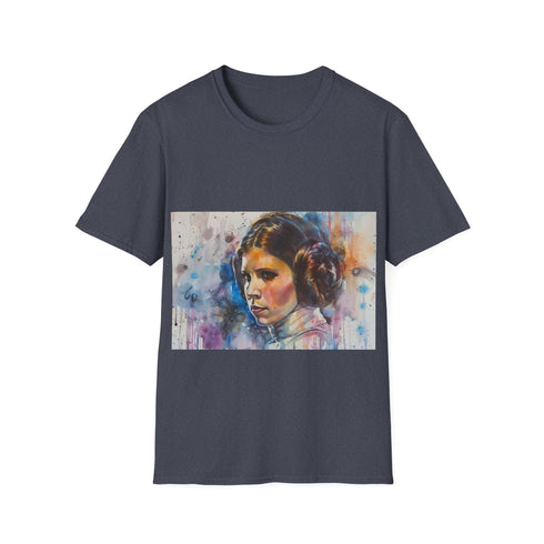Charcoal cotton tee with Princess Leia watercolor graphic for Star Wars fans