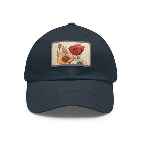Hand-drawn floral white baseball cap with light brown patch.