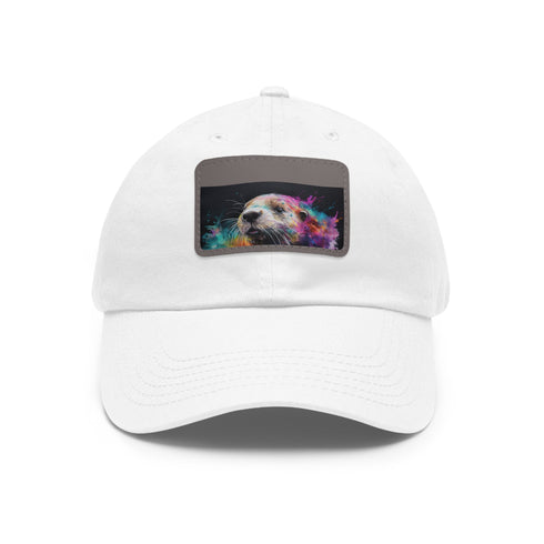 Happy otter watercolor white hat with light brown patch design.