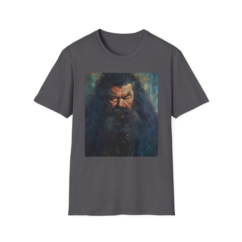 Charcoal cotton T-shirt featuring vibrant painting of Rubeus Hagrid in action