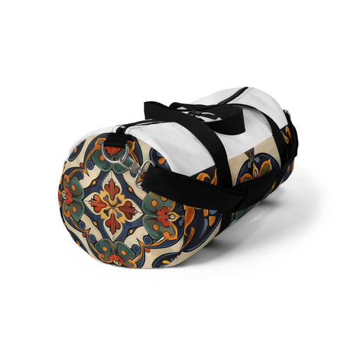 Bold artisan tile duffle bag with seamless pattern for stylish travelers.