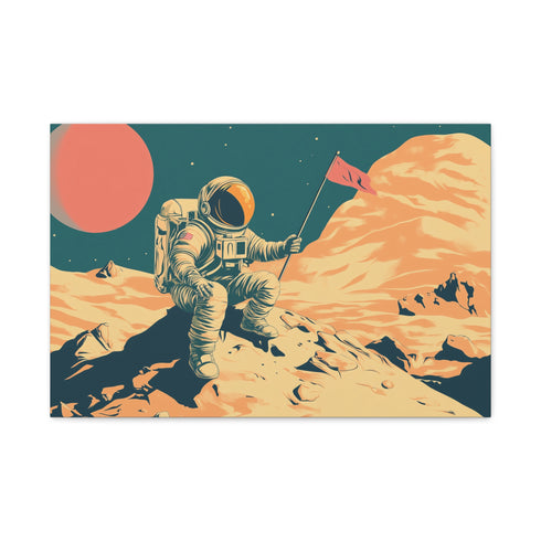 Astronaut Planting Flag on Strange Planet Stretched Canvas Wall Art