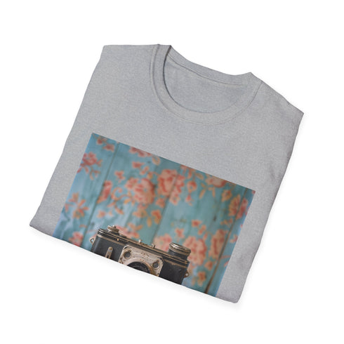 Charcoal cotton t-shirt with vintage camera and film reel design