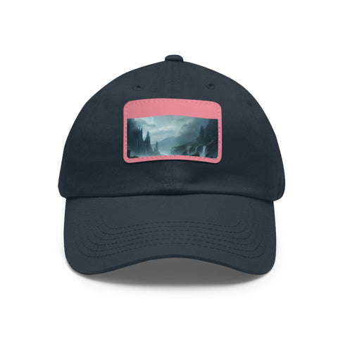 White vegan cotton baseball cap with mystical horizon landscape design.