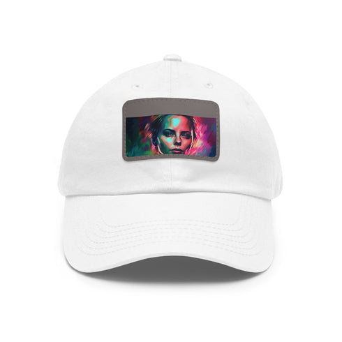 Neon watercolor charm Charlize Theron baseball cap, white light brown rectangle.