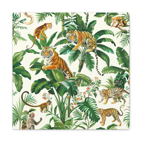 Tiger Jungle Canvas Print with Seamless Jungle Patterns and Majestic Tigers