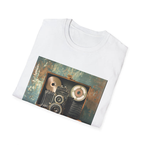 Charcoal cotton t-shirt with vintage camera and film reel design
