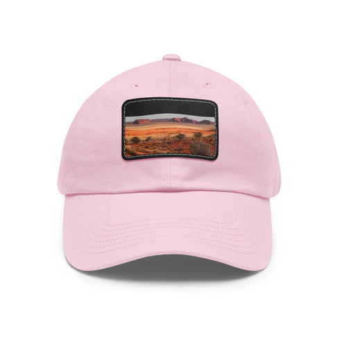 Desert landscape white baseball cap with light brown rectangle patch.