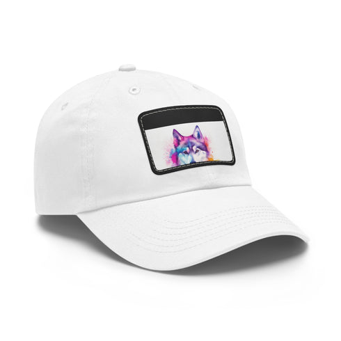 White husky baseball cap with light brown rectangle patch.