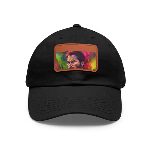Neon prism hat featuring Chris Pratt watercolor design and light brown patch.